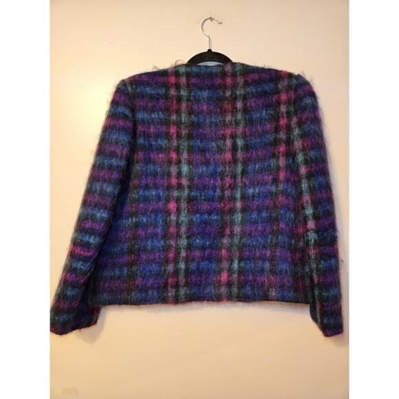 Vintage Lombardi Open Front USA Made Fuzzy Plaid Blazer Jacket 10 M Mohair Wool - Picture 2 of 8